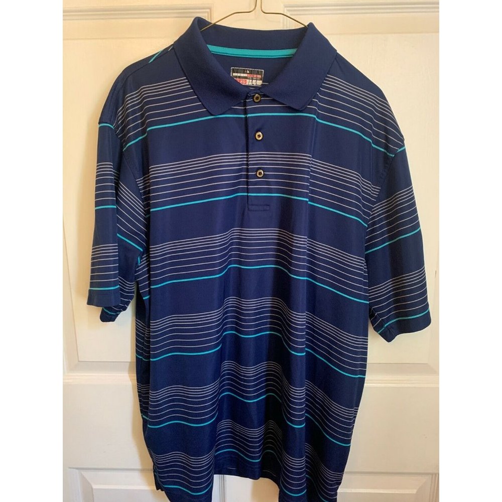 VGUC Mens Dry Fit Short Sleeve Blue Striped Golf Shirt Size XL Extra Large